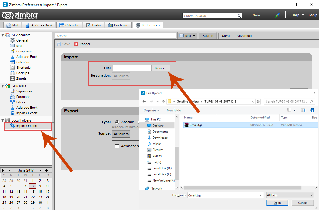 Import and Export Option of Zimbra