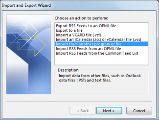 Import and Export Wizard of Outlook