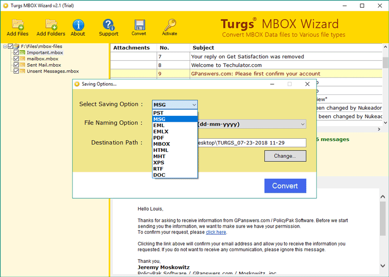 saving options of mbox export to msg