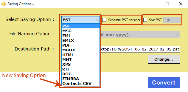 Sélectionnez les options d'enregistrement de fichier PST requises