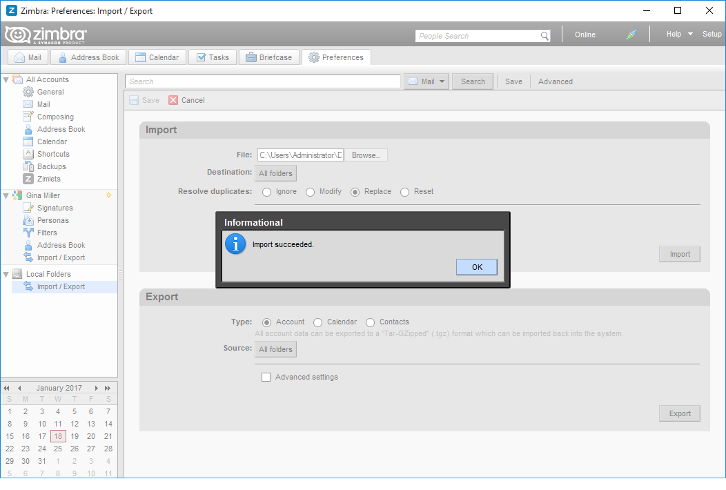 Import Succeeded Message of Zimbra