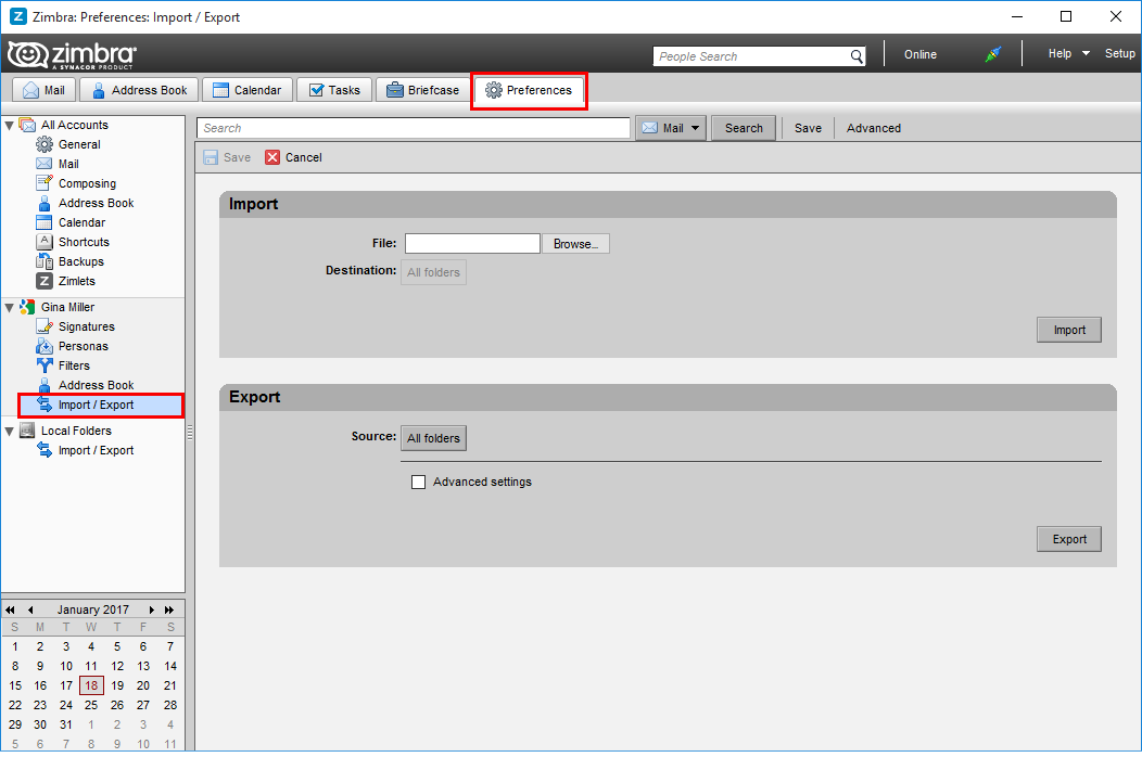 Preferences and Import Option of Zimbra