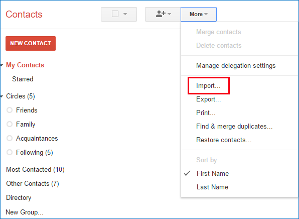 Import Option in Gmail Account
