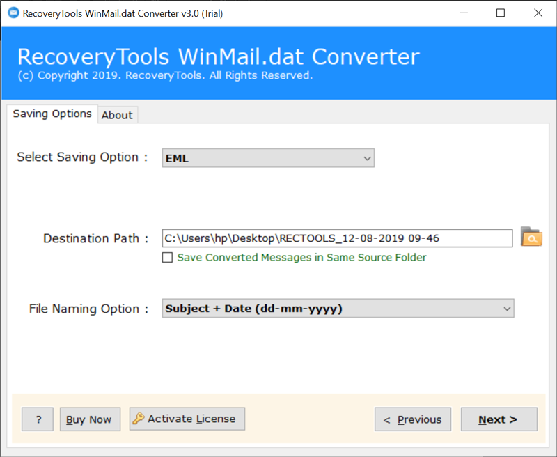 Select Destination Path and Convert Winmail.dat Files