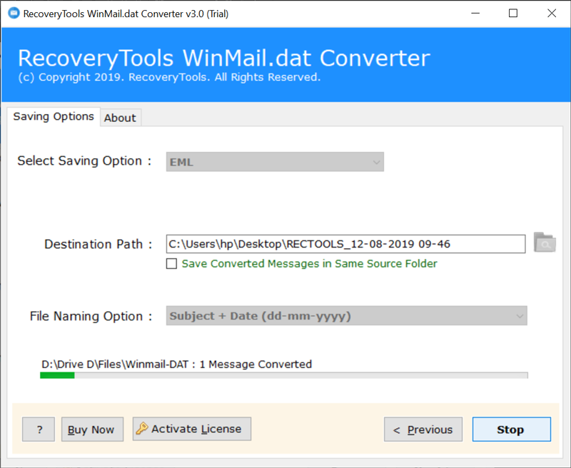 hoose destination path and start Winmail.dat conversion
